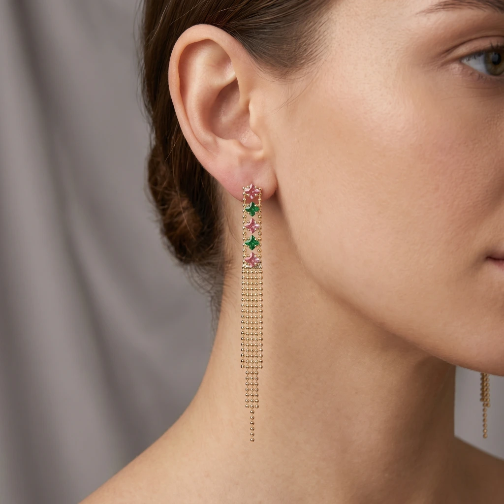 QDORA Gold Pink Green Stone Dangle Earrings image 2