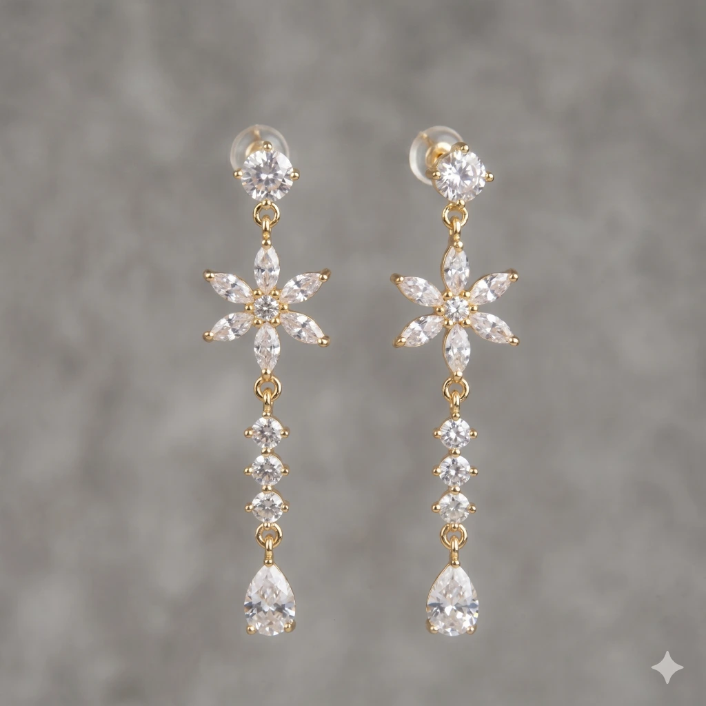 QDORA Gold White Stone Floral Dangle Earrings image 2