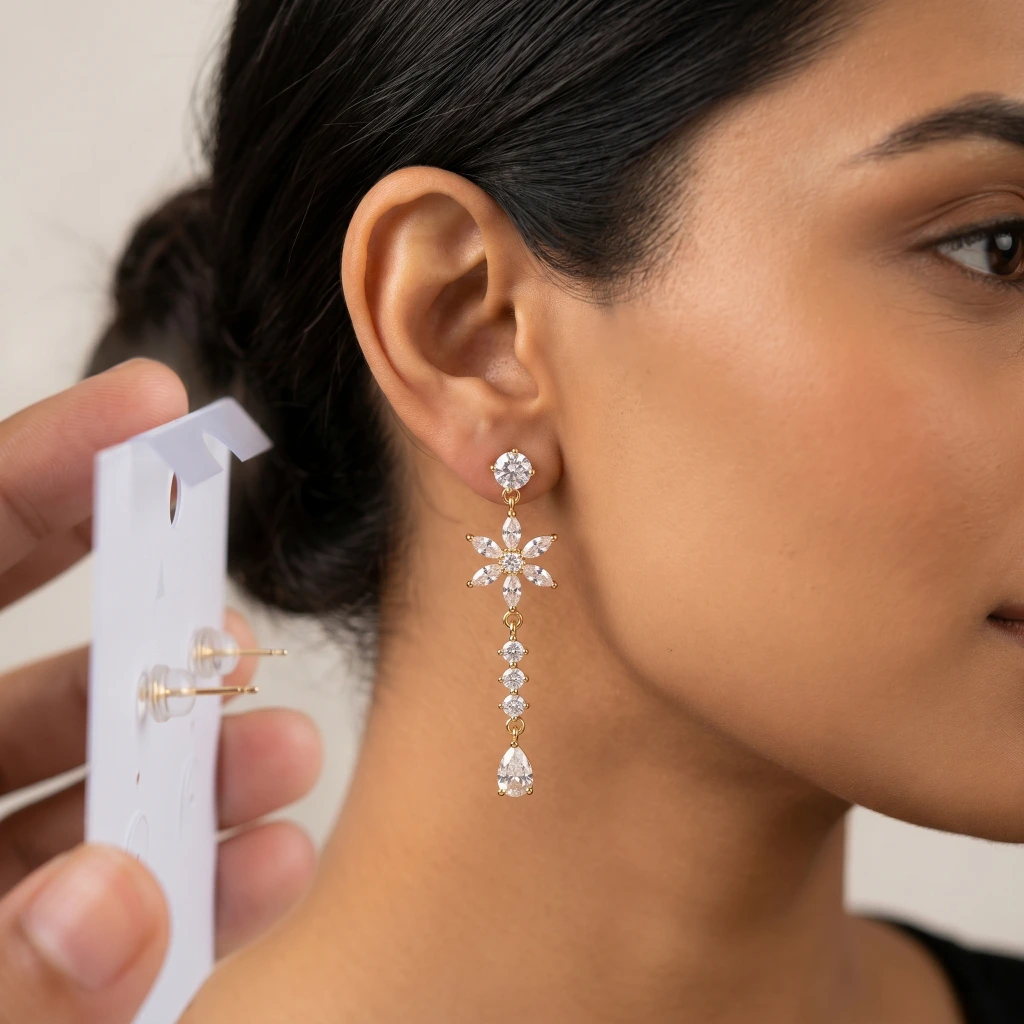 QDORA Gold White Stone Floral Dangle Earrings image 3