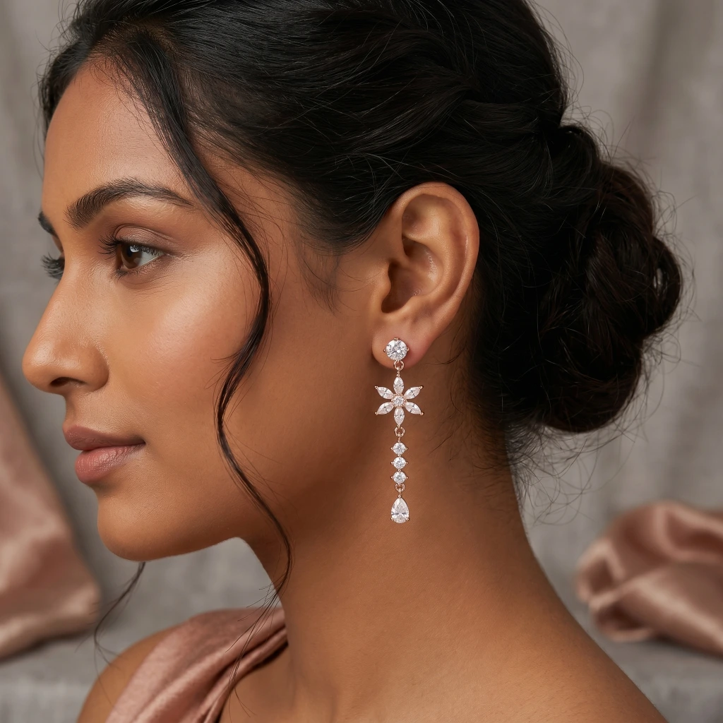 QDORA Rose Gold White Stone Floral Dangle Earrings