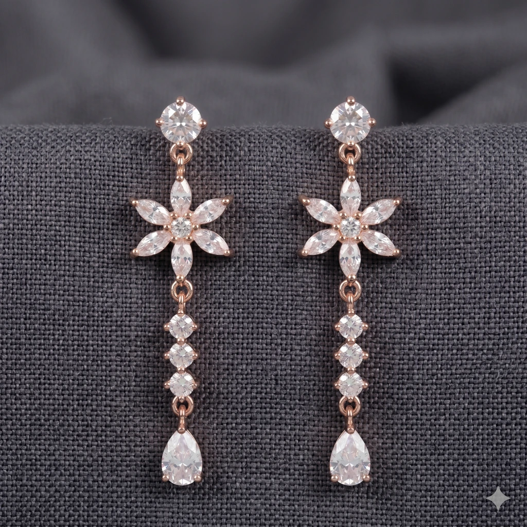 QDORA Rose Gold White Stone Floral Dangle Earrings image 2