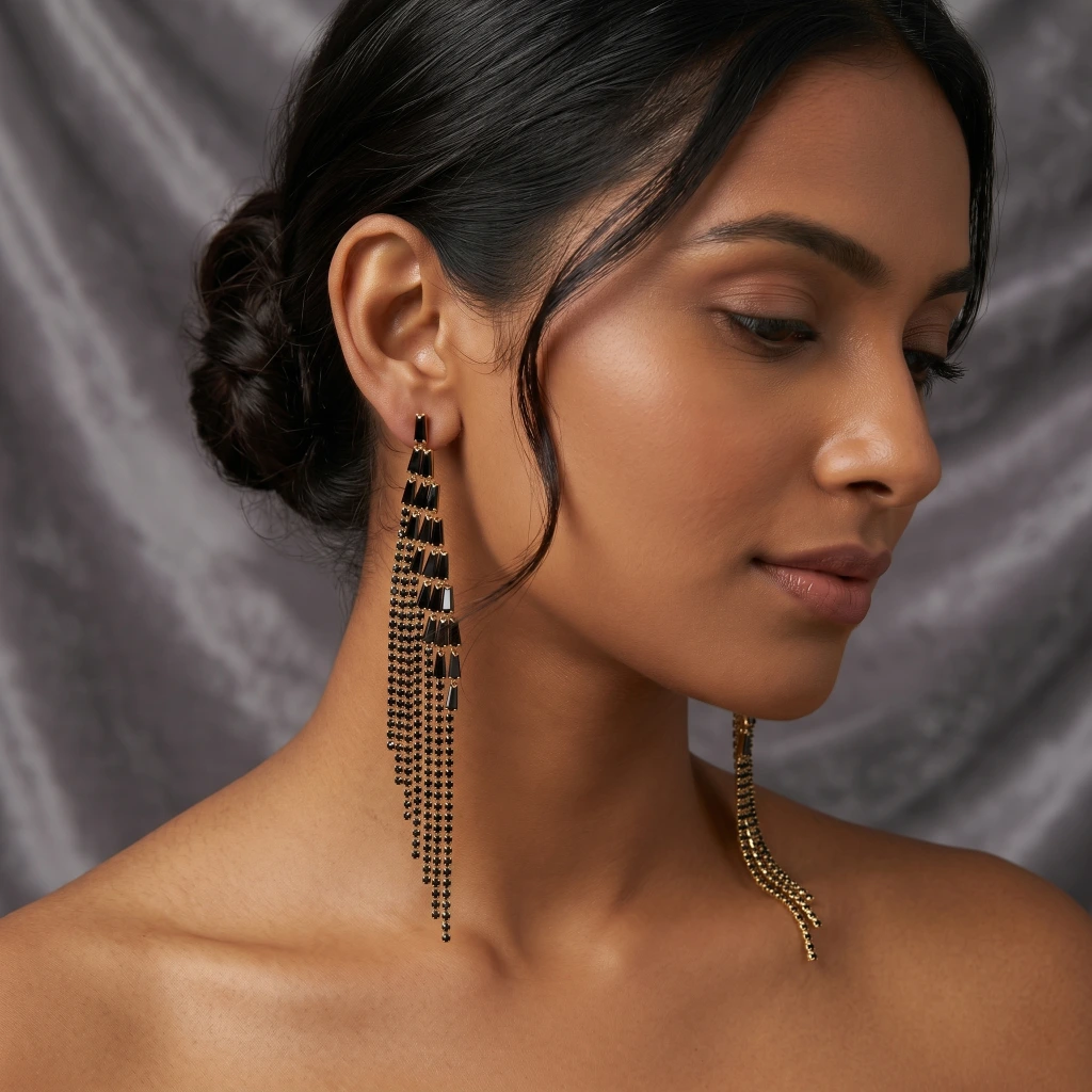 QDORA Gold Black Stone Chandelier Earrings image 2