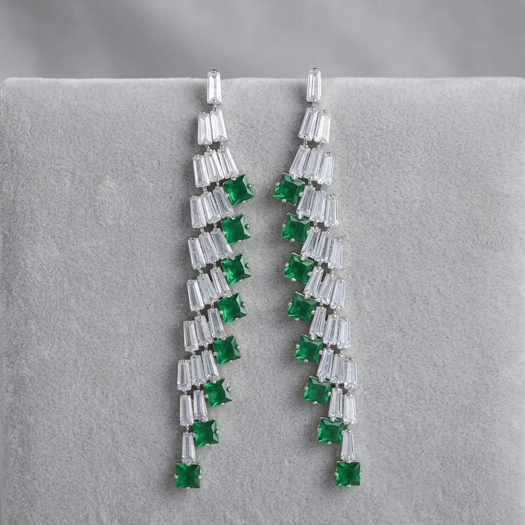 QDORA Silver Green Stone Chandelier Earrings image 2