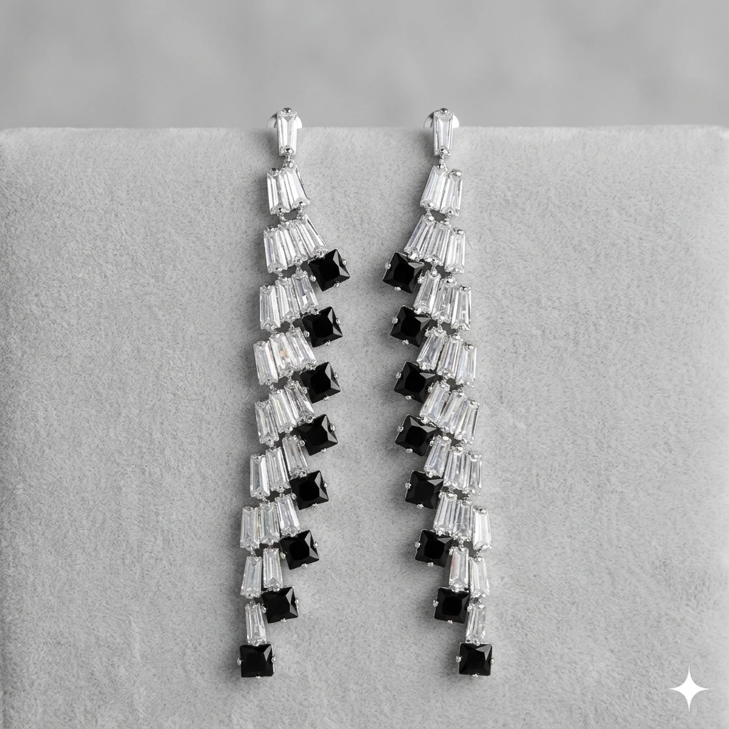 QDORA Silver Black Stone Chandelier Earrings image 2