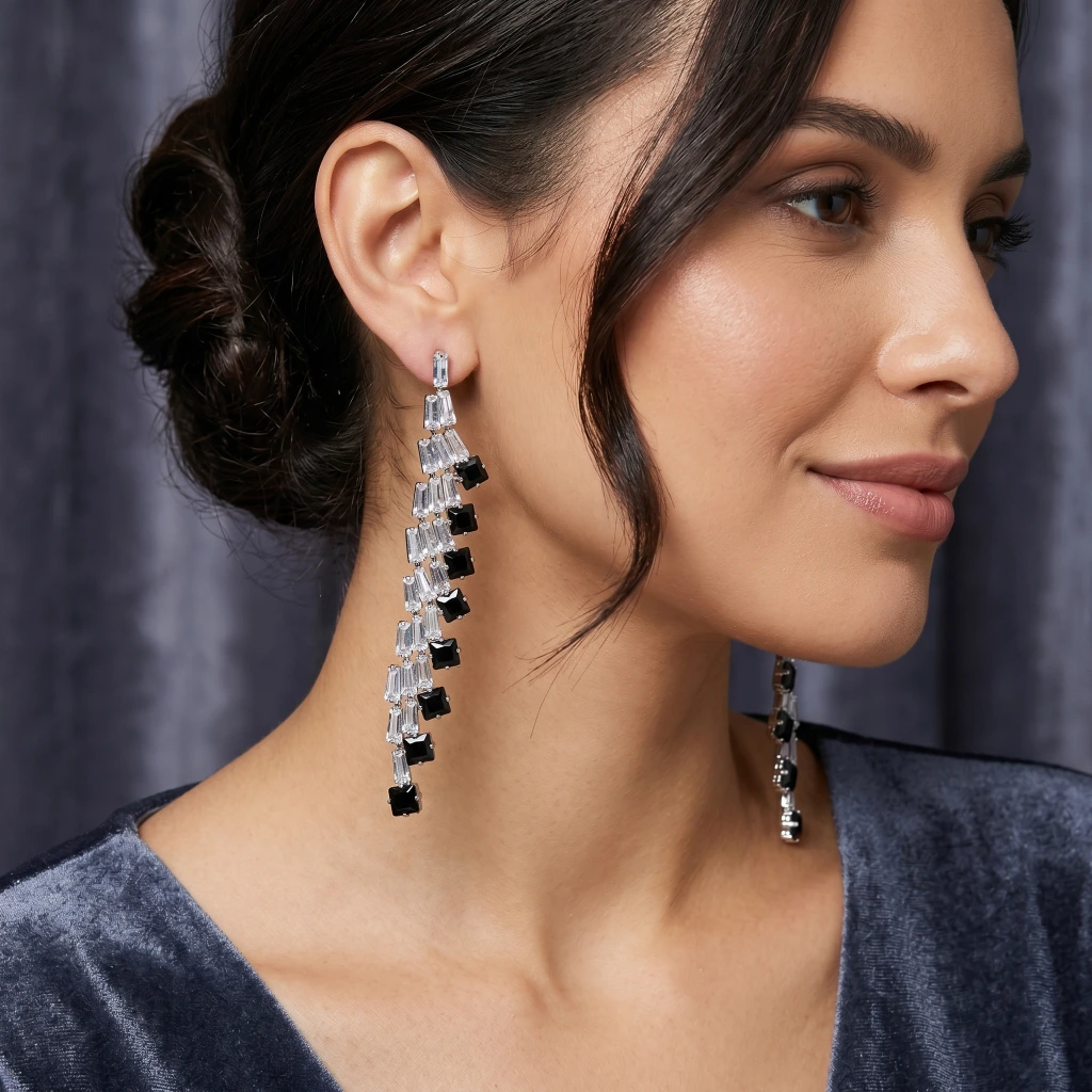 QDORA Silver Black Stone Chandelier Earrings image 1
