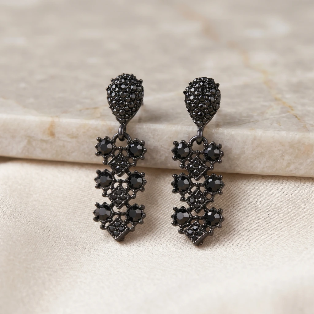 QDORA Black Stone Geometric Dangle Earrings image 3
