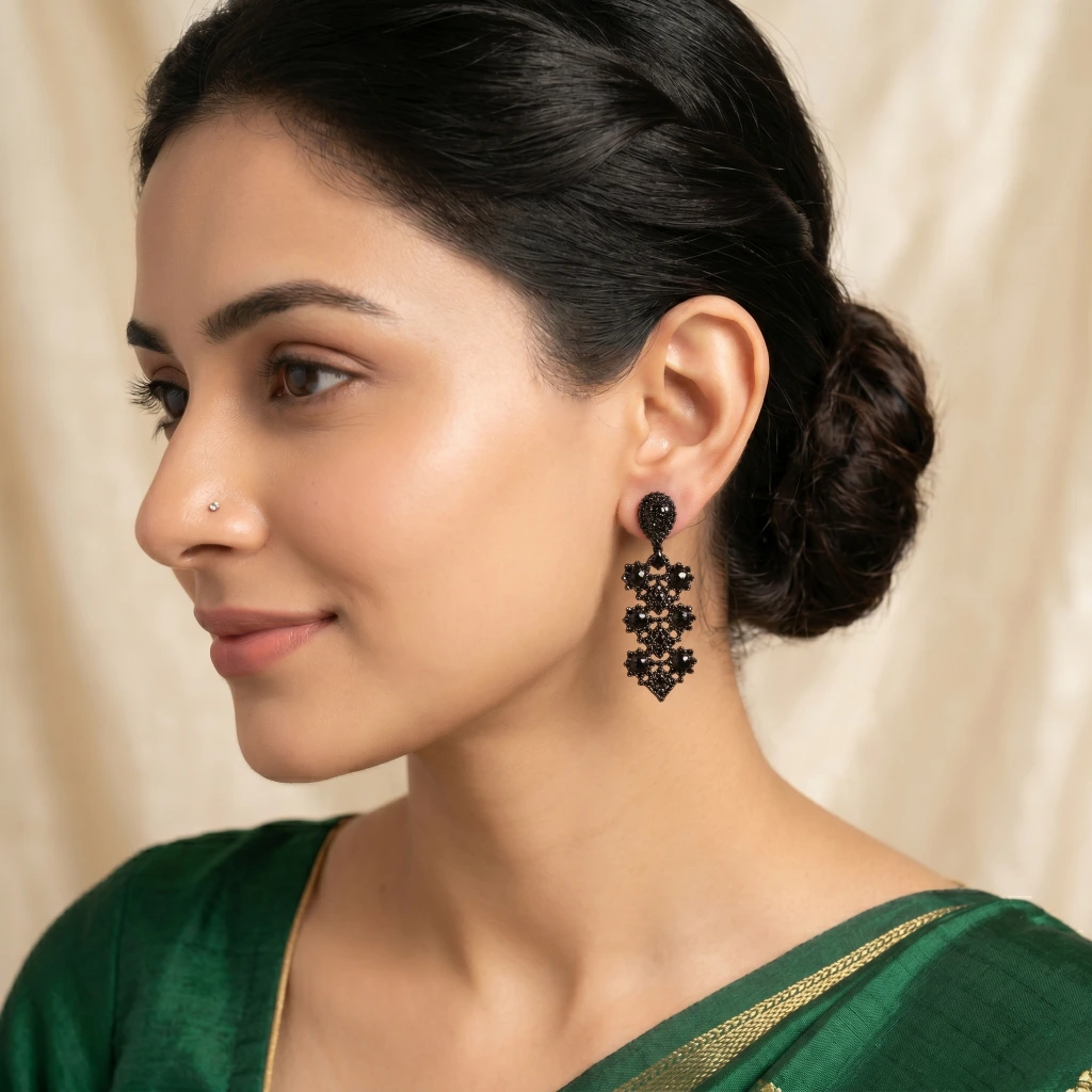 QDORA Black Stone Geometric Dangle Earrings