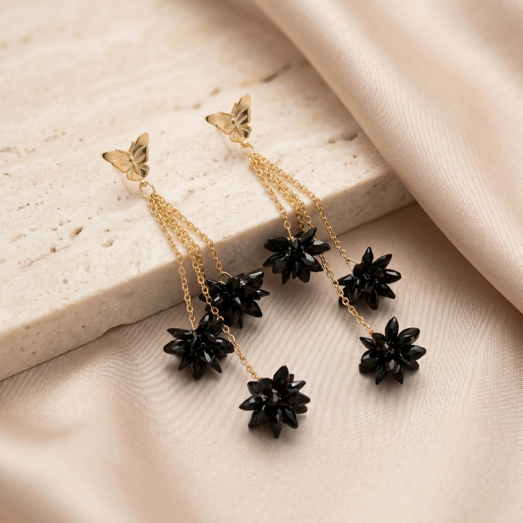 QDORA Gold Black Stone Butterfly Drop Earrings image 2