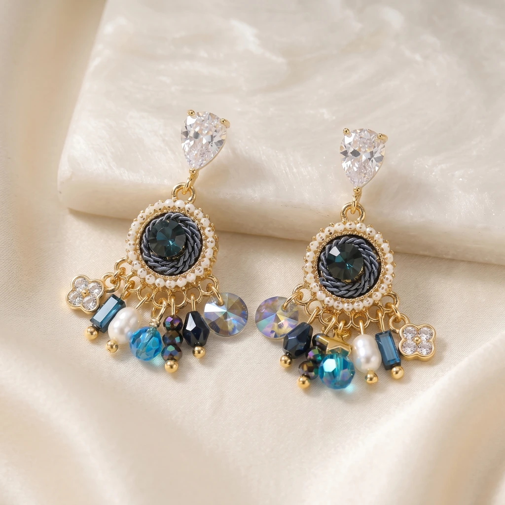 QDORA Gold Blue Crystal Drop Earrings image 2