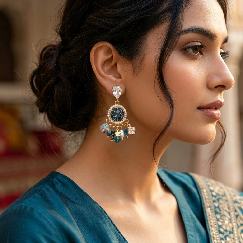 QDORA Gold Blue Crystal Drop Earrings