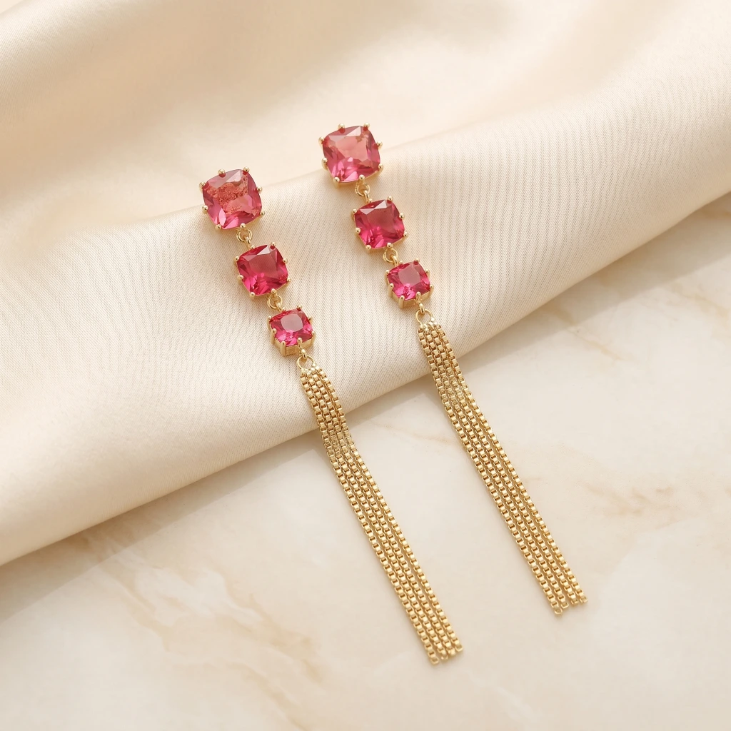 QDORA Gold Pink Stone Tassel Drop Earrings
