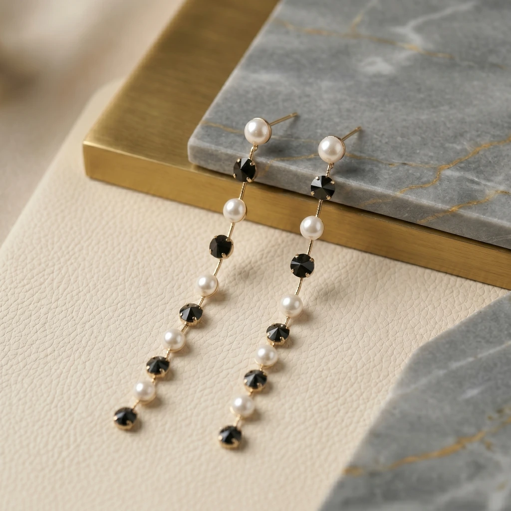 QDORA Gold Pearl Black Stone Drop Earrings image 2