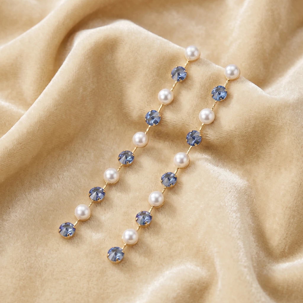 QDORA Gold Blue Pearl Long Dangle Earrings image 2