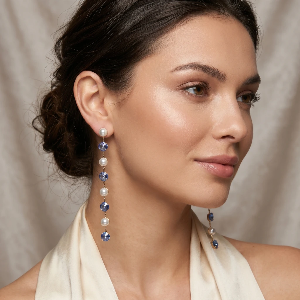QDORA Gold Blue Pearl Long Dangle Earrings image 1