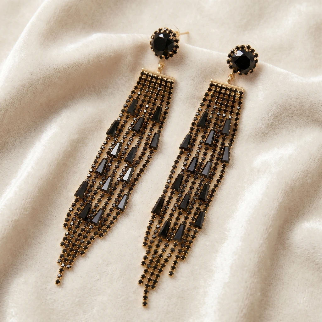 QDORA Gold Black Stone Tassel Earrings image 2
