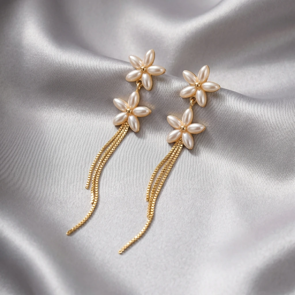 QDORA Gold Pearl Floral Dangle Earrings image 2