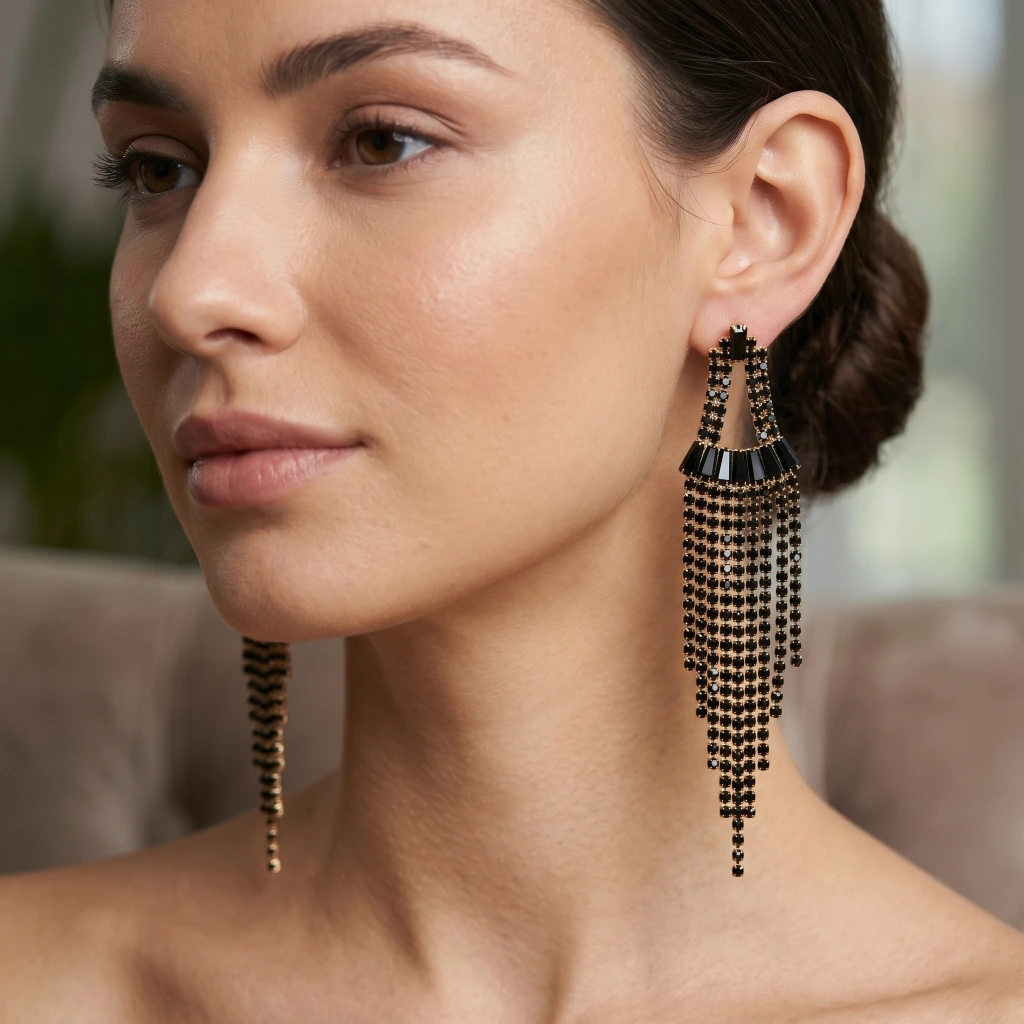 QDORA Black Stone Chandelier Earrings