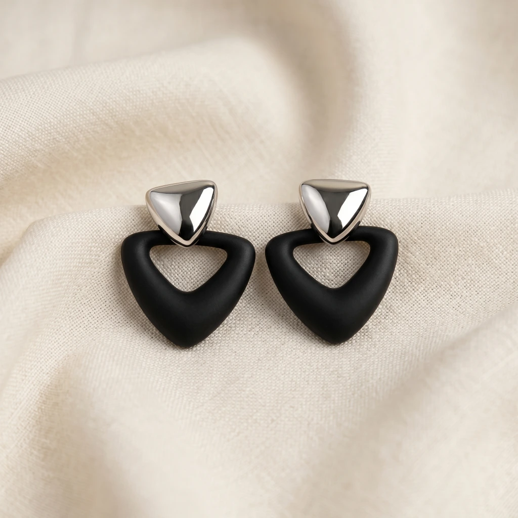 QDORA Silver Black Matte Triangle Drop Earrings image 2
