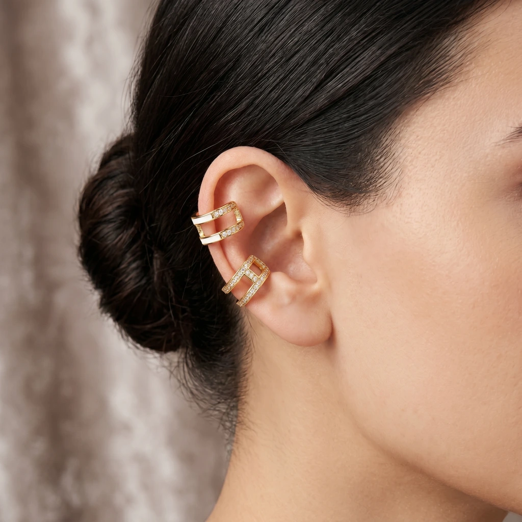 QDORA Gold White Enamel Crystal Ear Cuff image 2