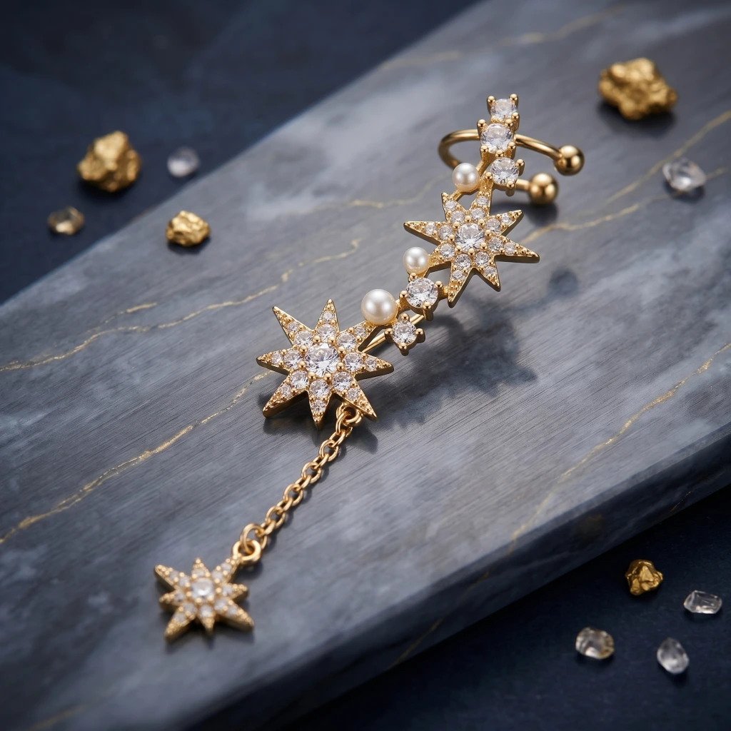 QDORA Gold Star Crystal Pearl Ear Climber image 3
