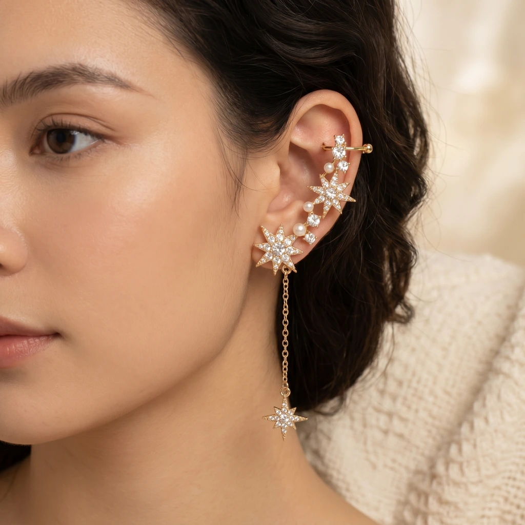 QDORA Gold Star Crystal Pearl Ear Climber image 2