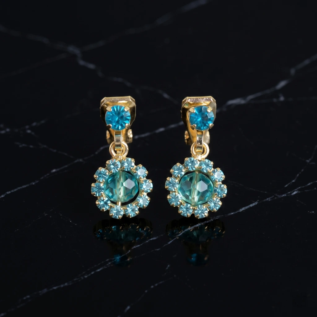 QDORA Gold Blue Crystal Floral Non Piercing Drop Studs image 1