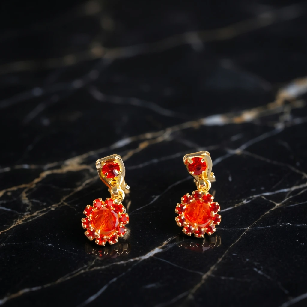 QDORA Gold Red Floral Non Piercing Drop Studs image 2