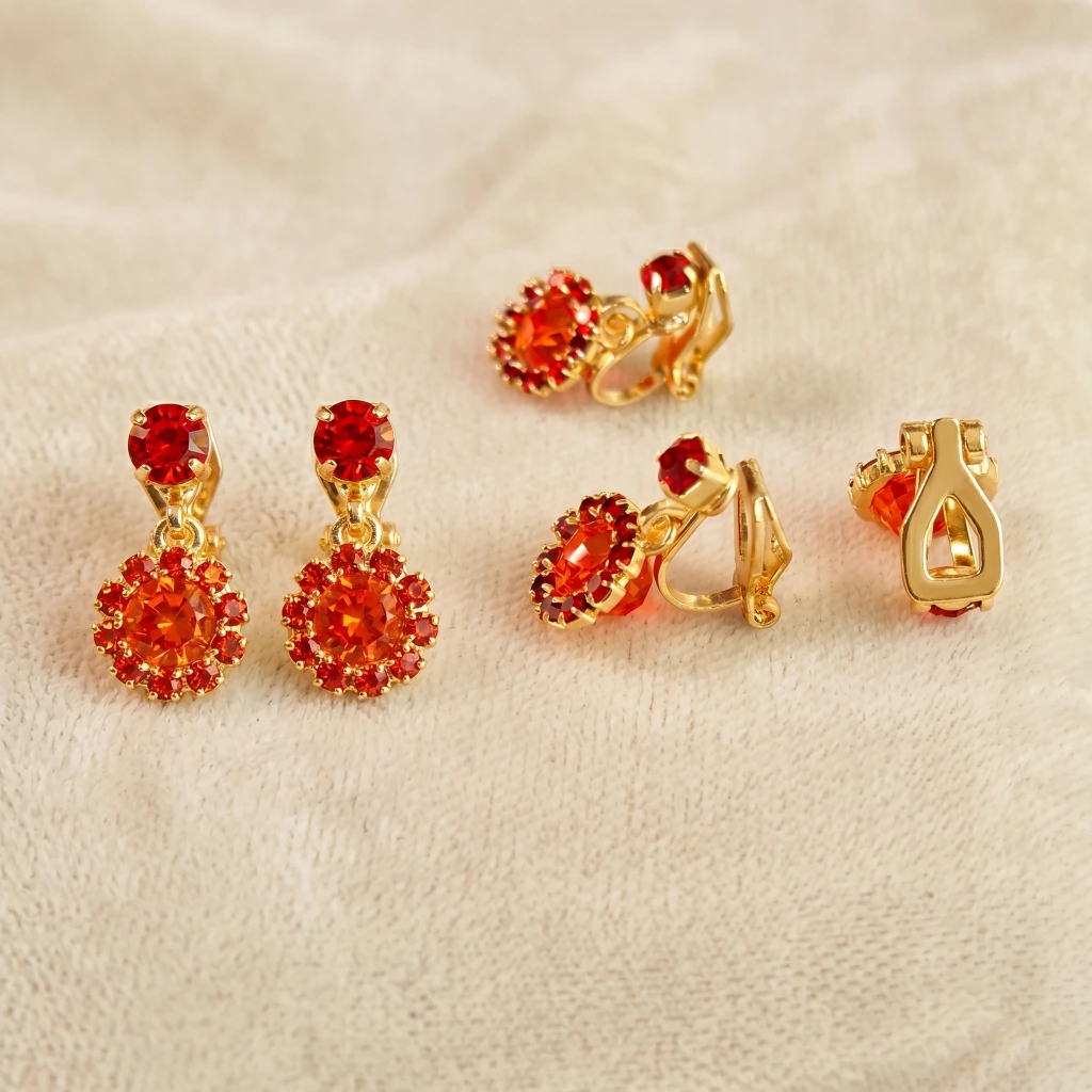 QDORA Gold Red Floral Non Piercing Drop Studs image 3
