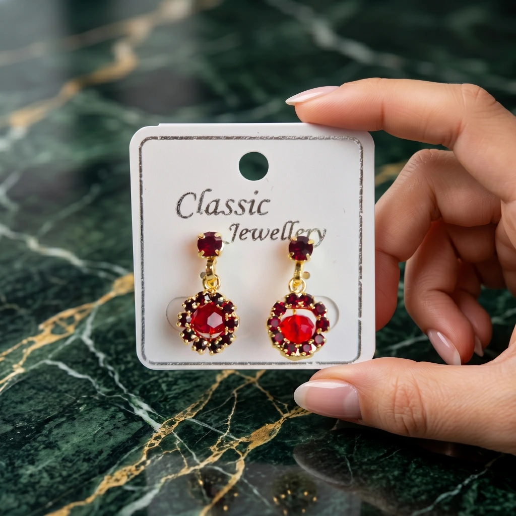 QDORA Gold Red Crystal Halo Drop Studs