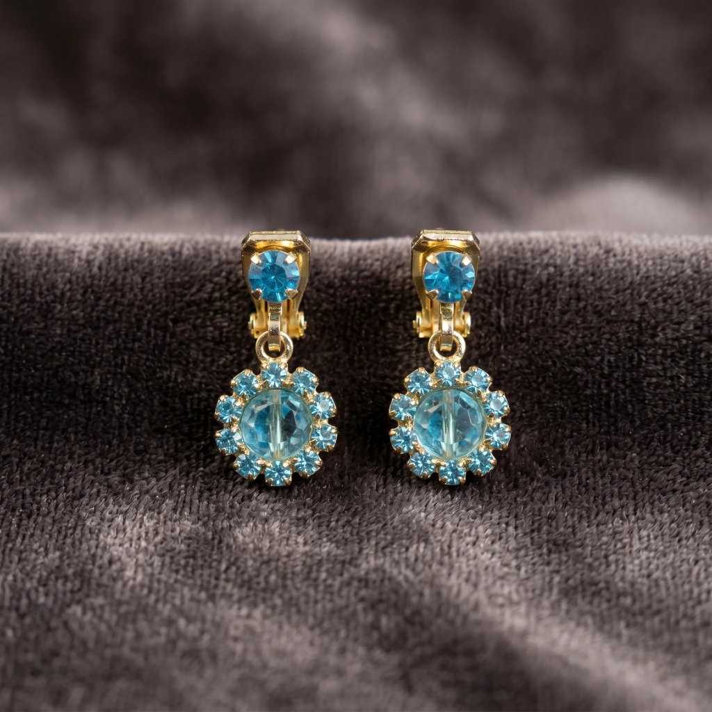 QDORA Gold Blue Crystal Floral Non Piercing Drop Studs image 2