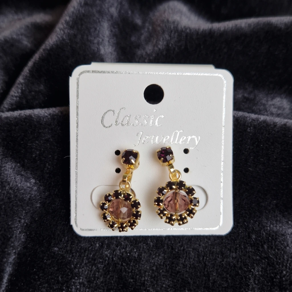 QDORA Gold Purple Crystal Halo Non Piercing Drop Studs image 2