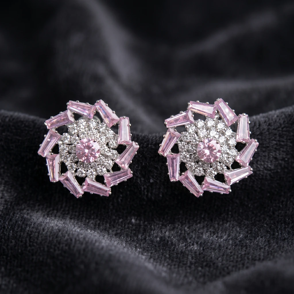 QDORA Silver Pink Baguette Floral Studs image 1