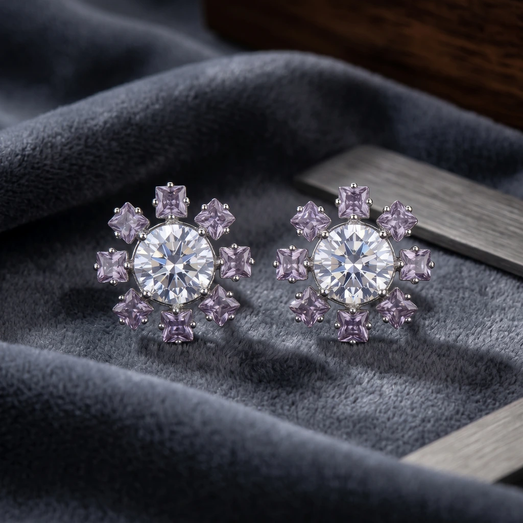 QDORA Silver Purple Crystal Halo Studs image 1