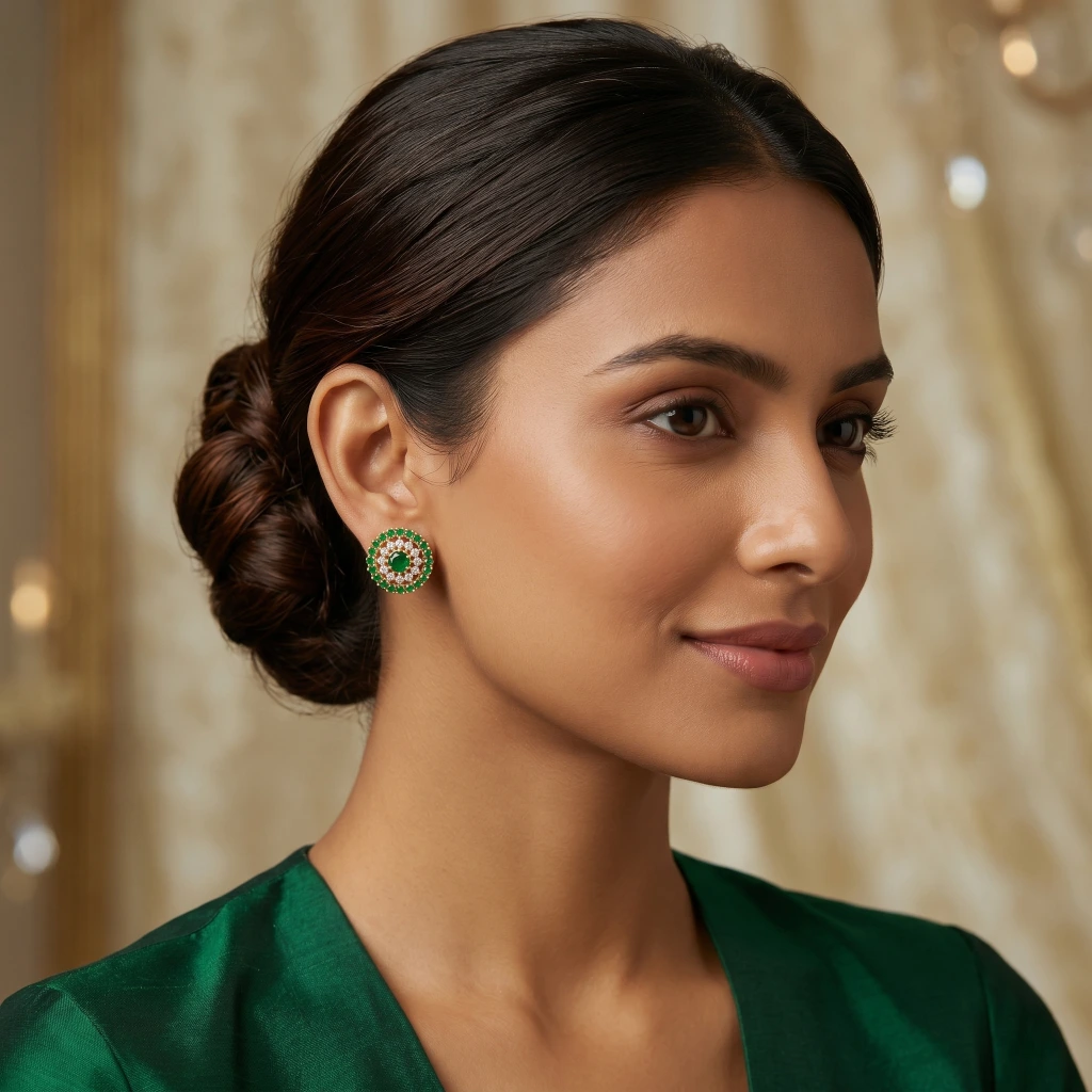 QDORA Gold Green Stone Cluster Studs image 2