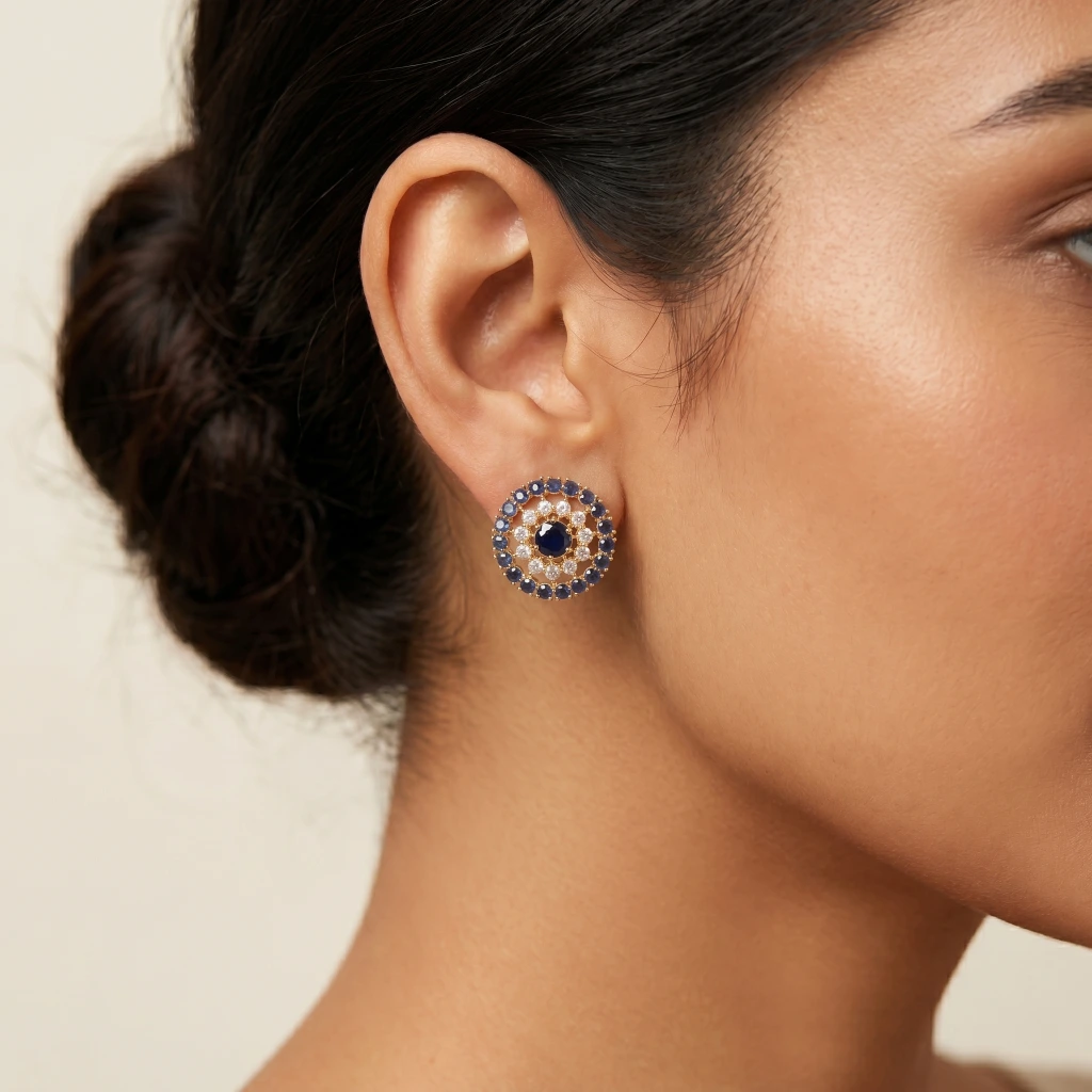 QDORA Gold Blue Stone Cluster Studs image 2