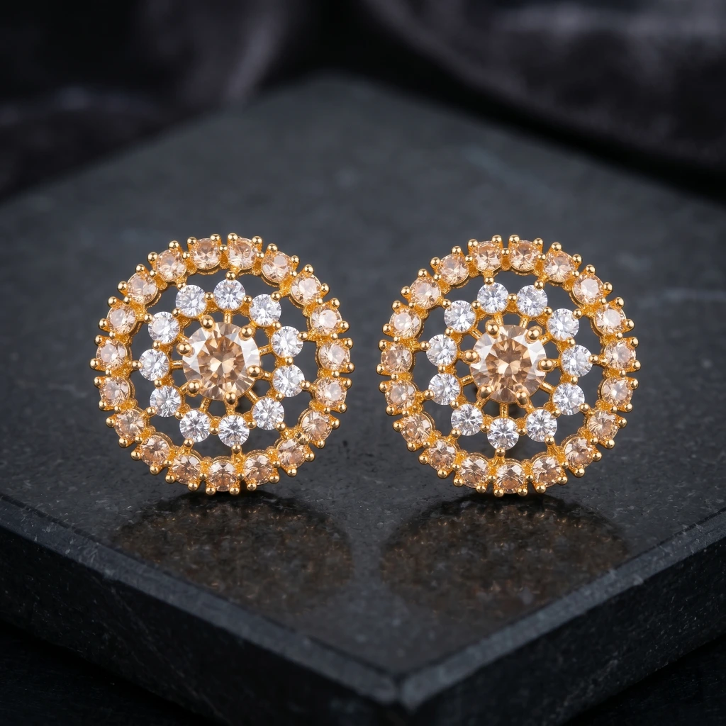 QDORA Gold Champagne Crystal Cluster Studs