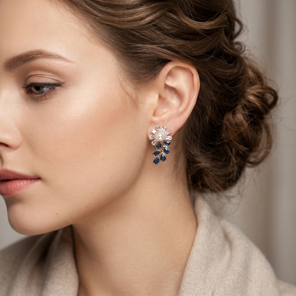 QDORA Blue & White Pearl Floral Drop Studs image 2