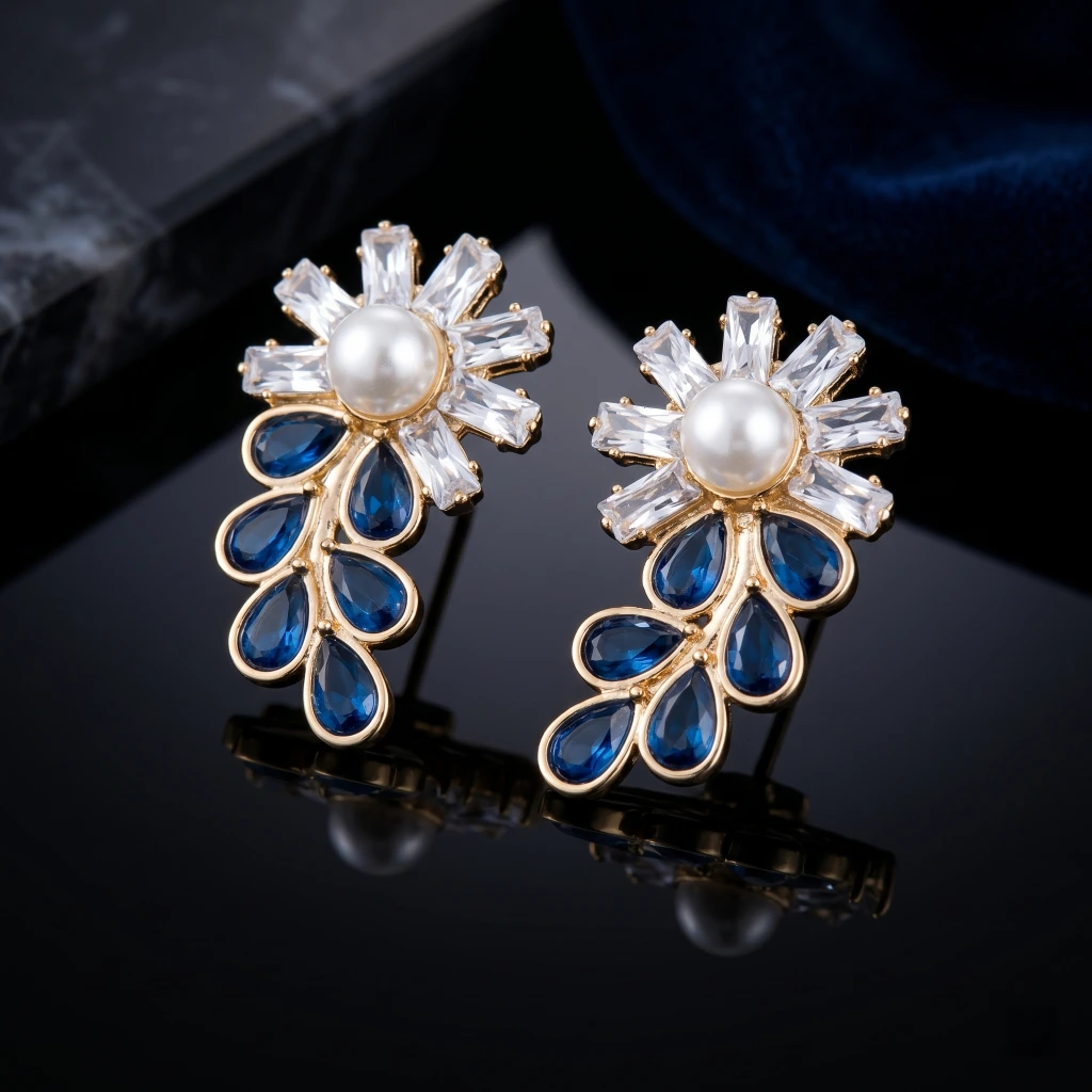 QDORA Blue & White Pearl Floral Drop Studs