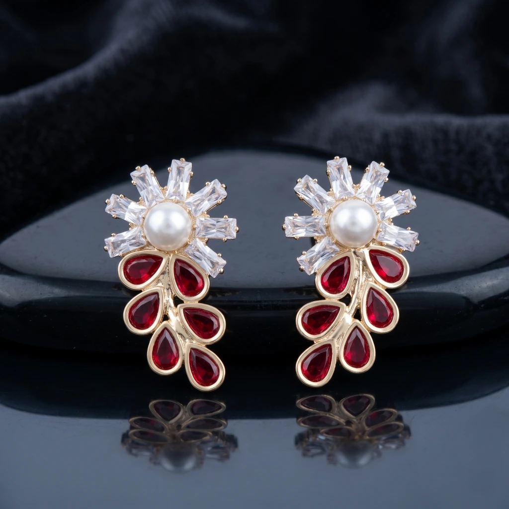 QDORA Red & White Pearl Floral Drop Studs image 1