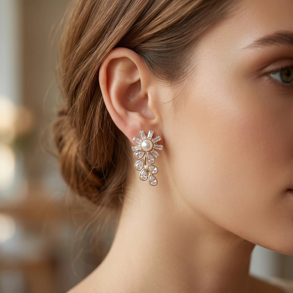 QDORA White Pearl Crystal Floral Drop Studs image 2