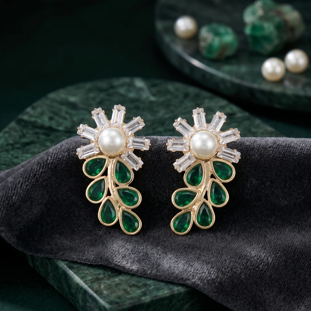 QDORA Green & Pearl Floral Drop Studs image 1