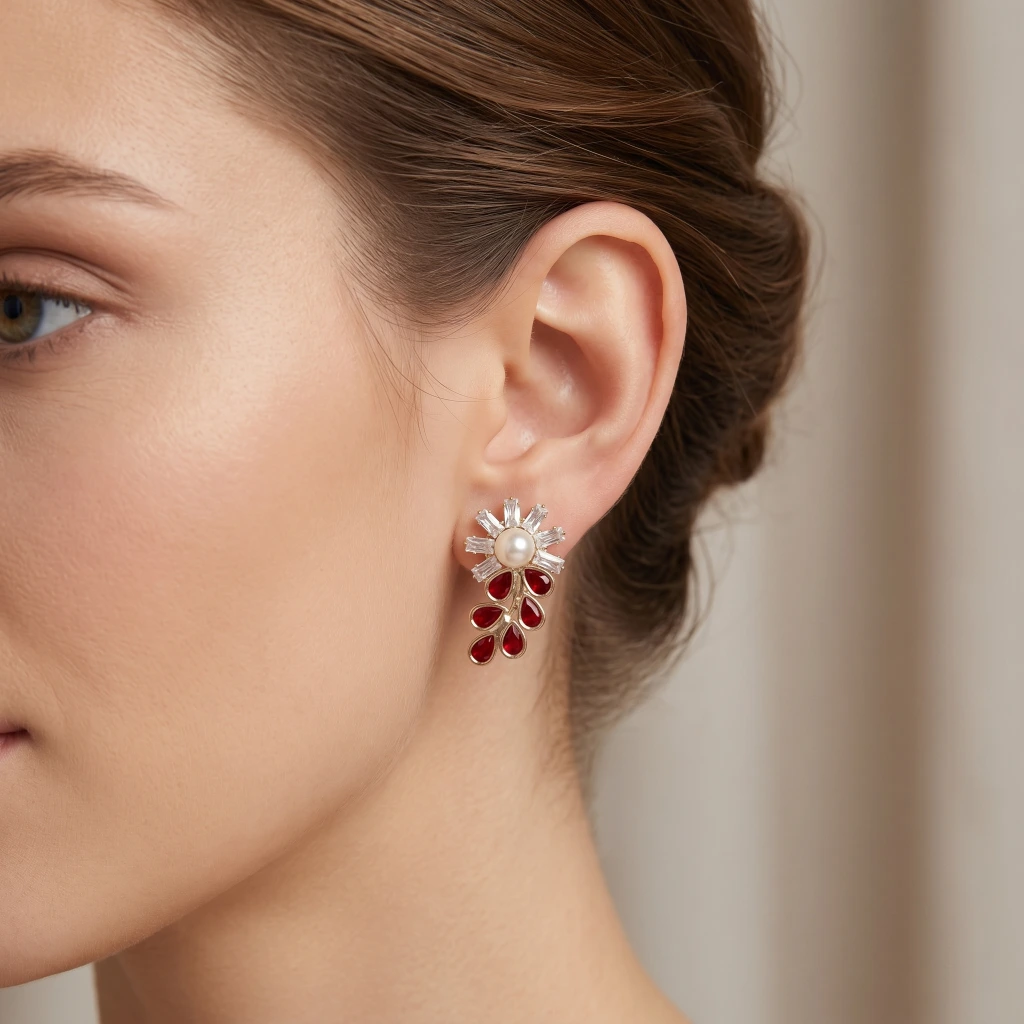 QDORA Red & White Pearl Floral Drop Studs image 2