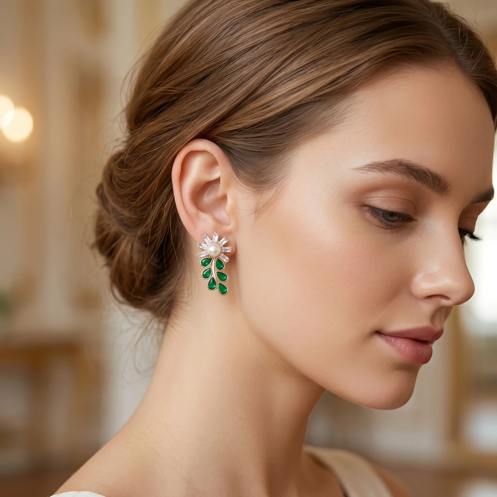 QDORA Green & Pearl Floral Drop Studs image 2