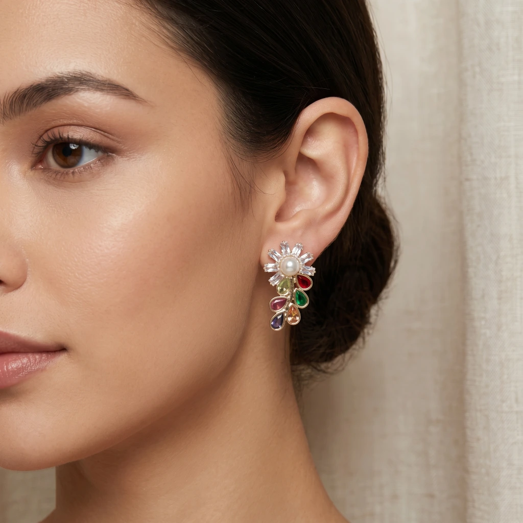 QDORA Multi-Color Pearl Floral Drop Studs image 2