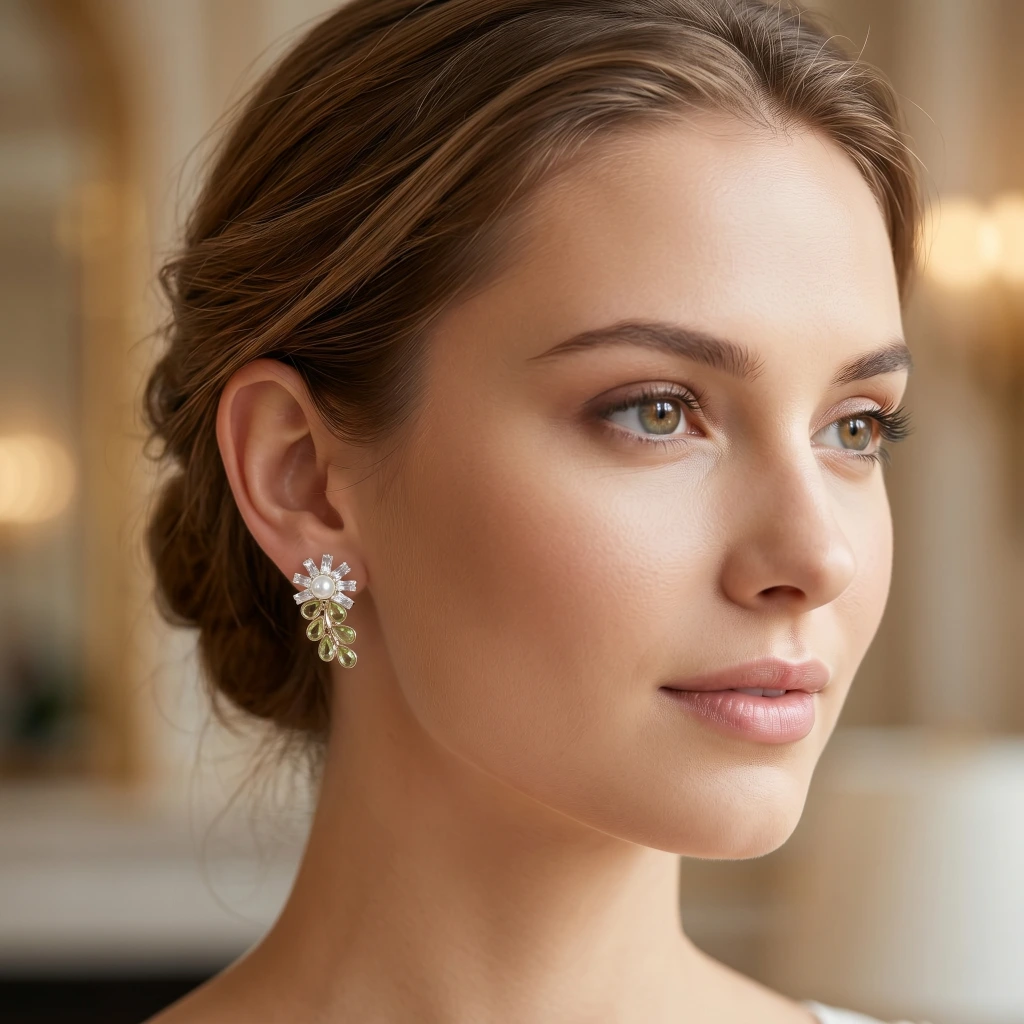 QDORA Olive Green Pearl Floral Drop Studs image 2