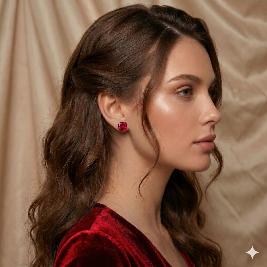 QDORA Red Cushion Cut Solitaire Studs image 2
