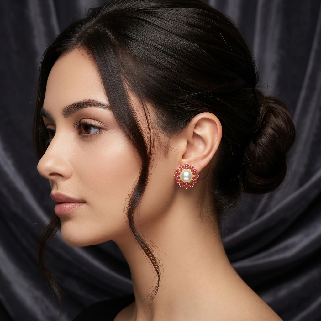 QDORA Gold Ruby Pearl Halo Studs image 2