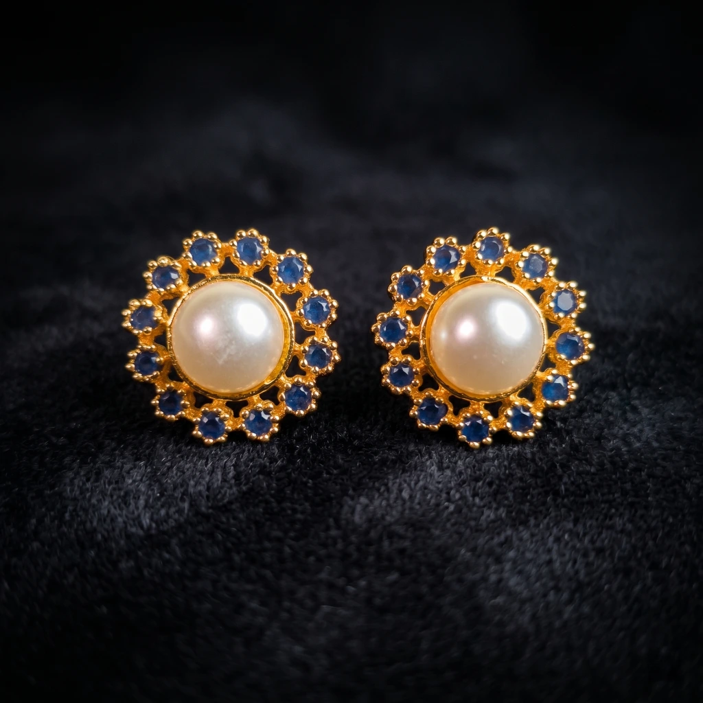 QDORA Gold Blue Sapphire Pearl Halo Studs image 2