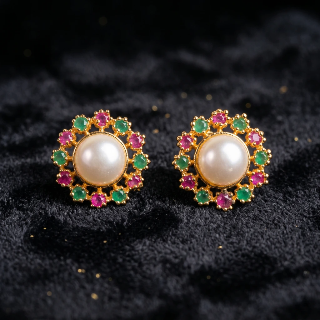 QDORA Gold Ruby Emerald Pearl Halo Studs image 2