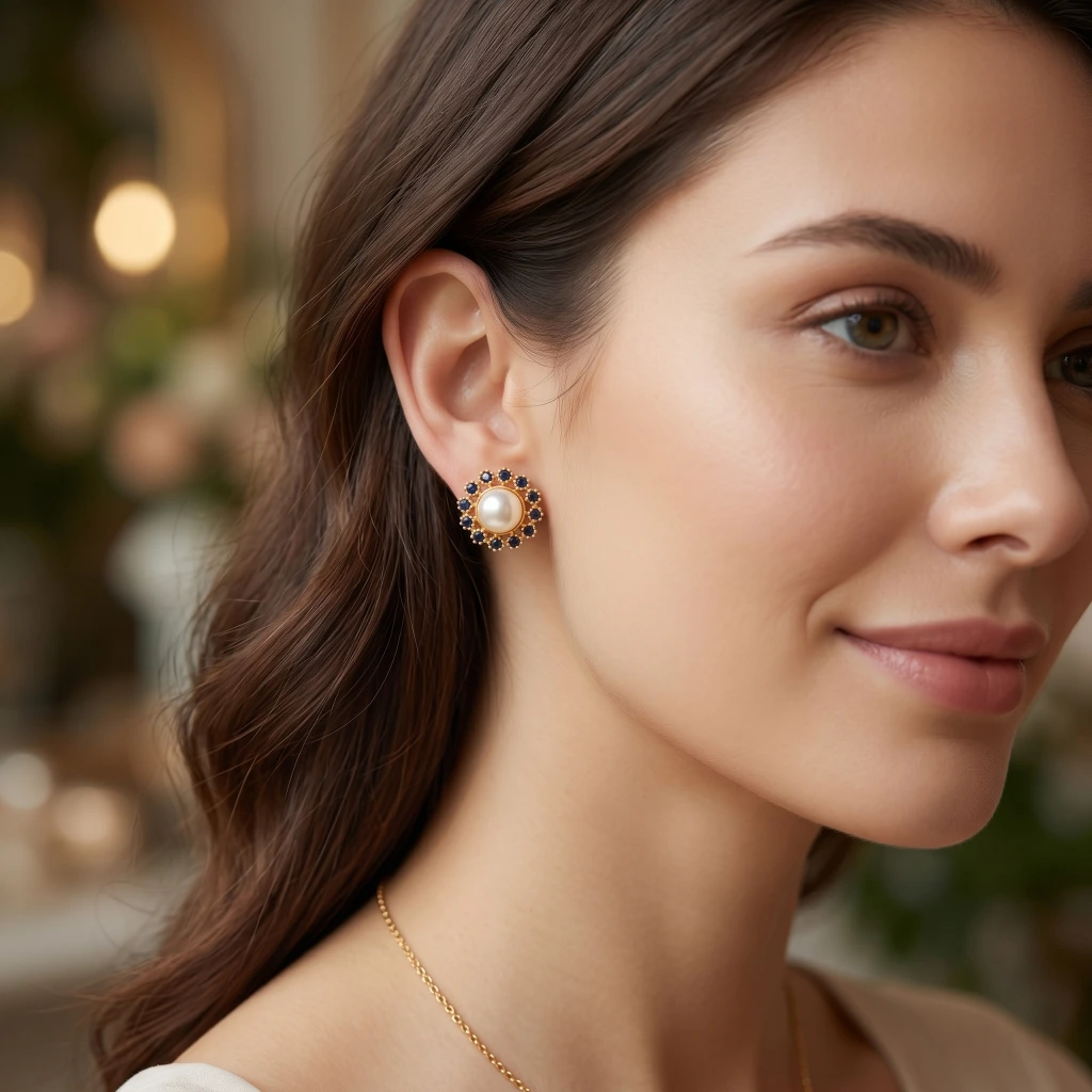 QDORA Gold Blue Sapphire Pearl Halo Studs image 1